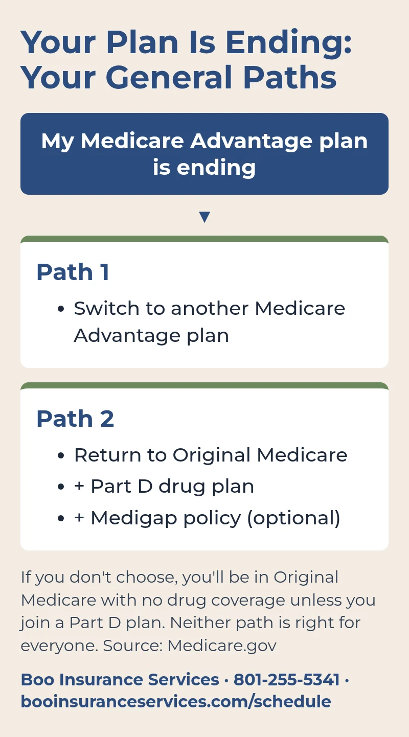 Flowchart: when your Medicare Advantage plan is ending, Path 1 is switching to another Medicare Advantage plan; Path 2 is returning to Original Medicare plus a Part D drug plan and an optional Medigap policy.