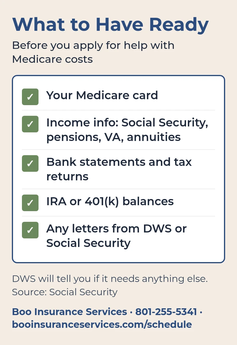 Checklist of what to have ready before applying for a Medicare Savings Program in Utah: Medicare card, income information, bank statements and tax returns, IRA or 401(k) balances, and any letters from DWS or Social Security.